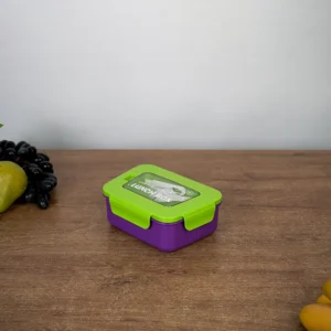 Plastic 3 sections purple lunch box with green lid & spoon