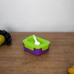 Plastic-3-Sections-Purple-Lunch-Box-with-Green-Lid-&-Spoon1 Plastic 3 sections purple lunch box with green lid & spoon1