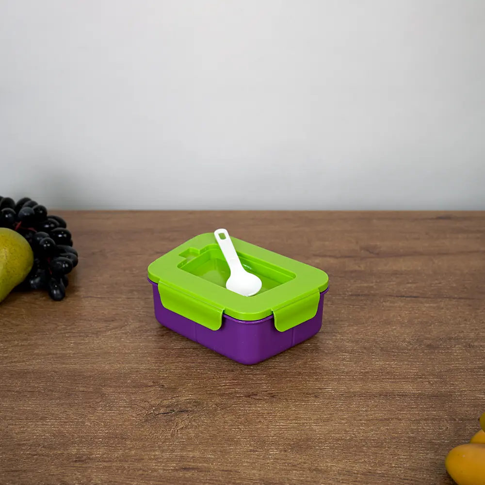 Plastic-3-Sections-Purple-Lunch-Box-with-Green-Lid-&-Spoon1 Plastic 3 sections purple lunch box with green lid & spoon1
