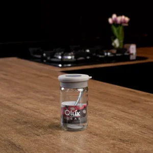 Qlux flat 300ml spices jar with beige lid & spoon1