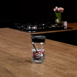 Qlux flat 300ml spices jar with black lid & spoon1