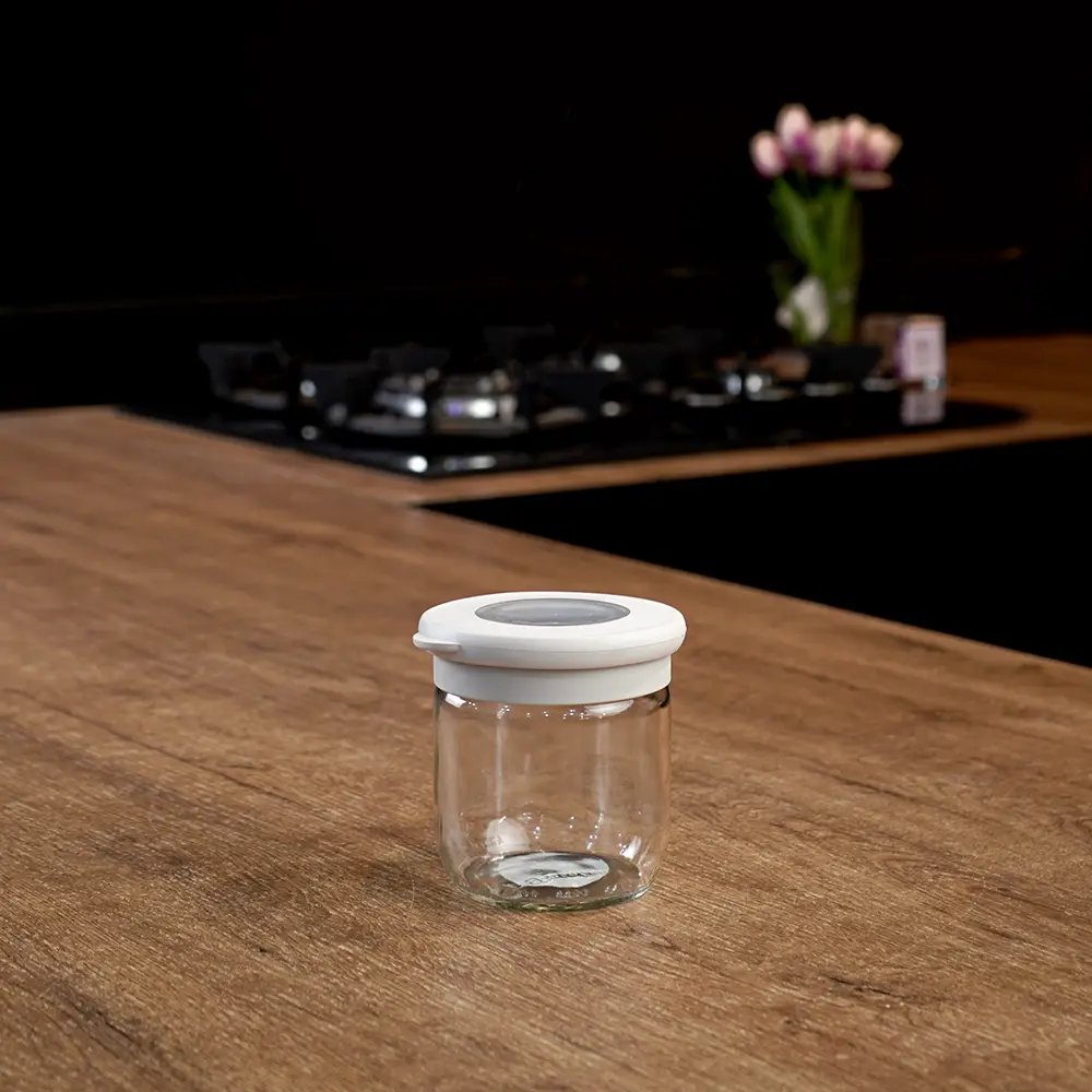 Qlux flat 425ml flat jar with light grey lid1