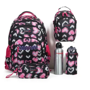 Red rock 4248 hearts design 4 zippers black & pink backpack set