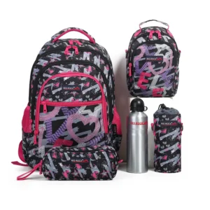 Red rock 4249 graffiti design 4 zippers black & grey backpack set