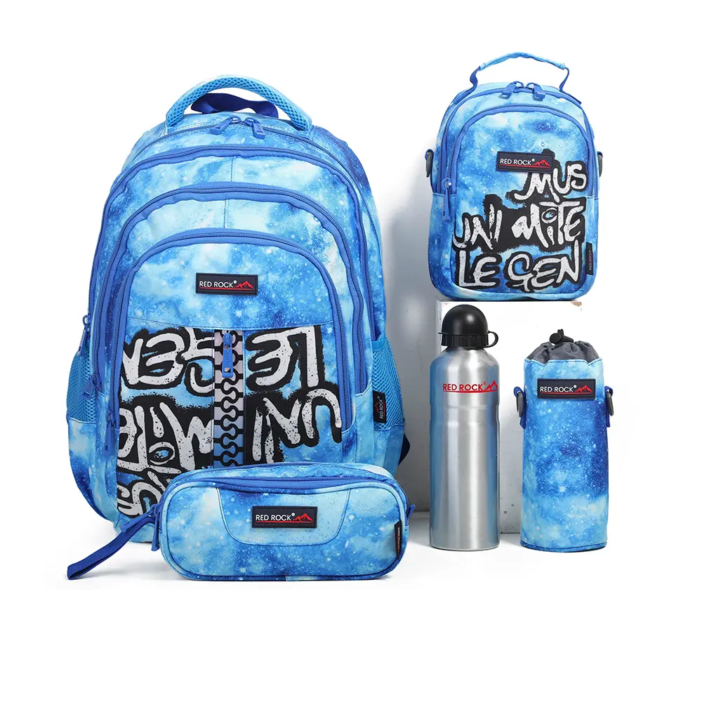 Red rock 4253 blue & white 4 zippers 5pcs backpack set