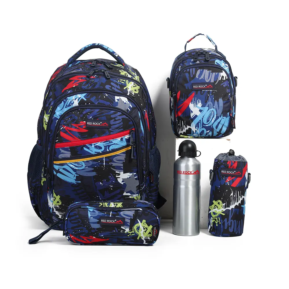 Red rock 4254 graffiti design 4 zippers navy blue backpack set