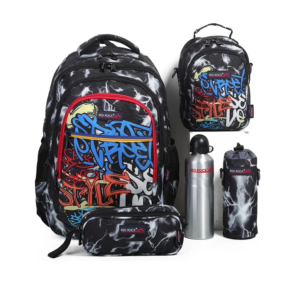 Red-Rock-4257-Graffiti-Design-4-Zippers-Black-&-Grey-Backpack-Set Red rock 4257 graffiti design 4 zippers black & grey backpack set