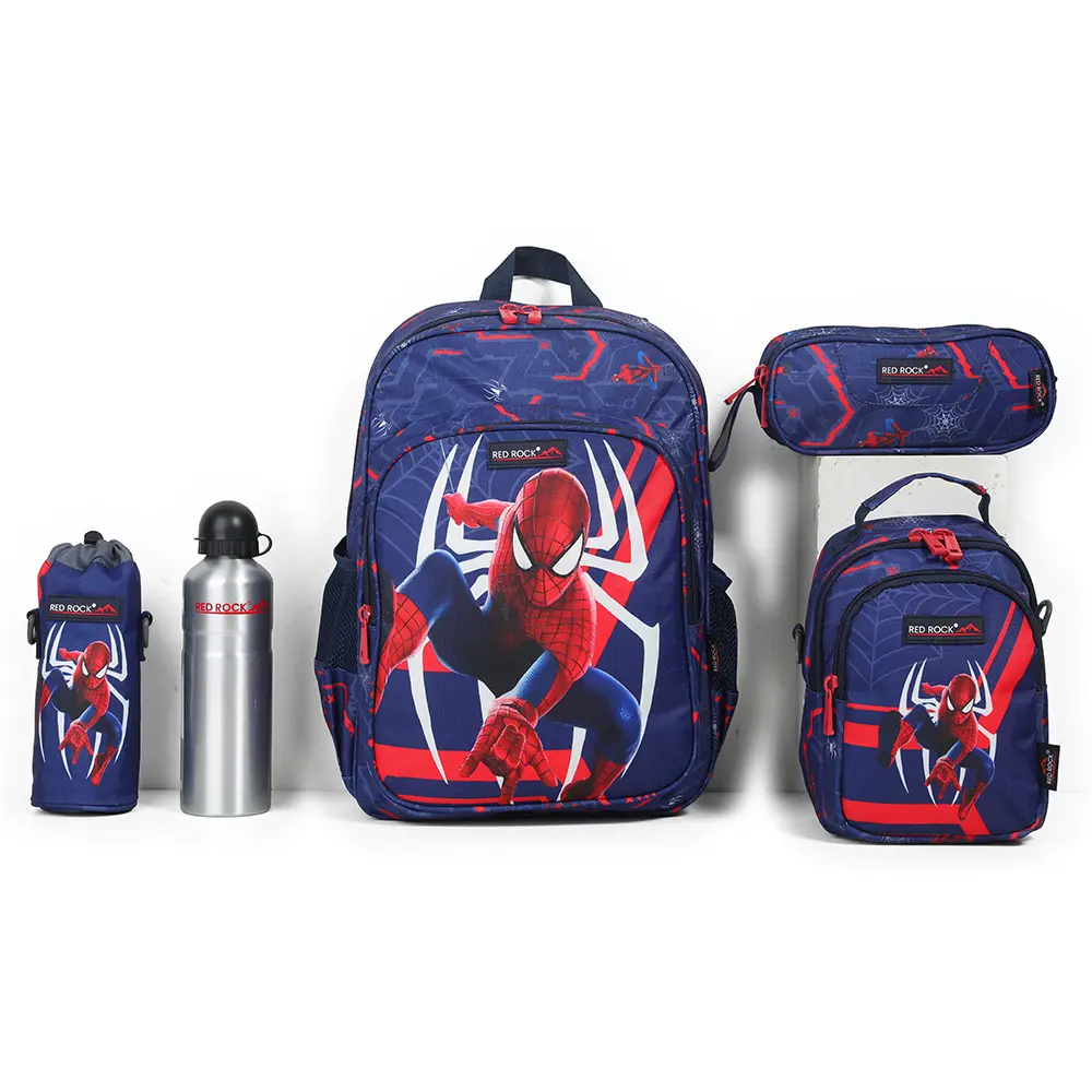 Red rock 4282 spiderman design 2 zippers 5pcs navy blue backpack set