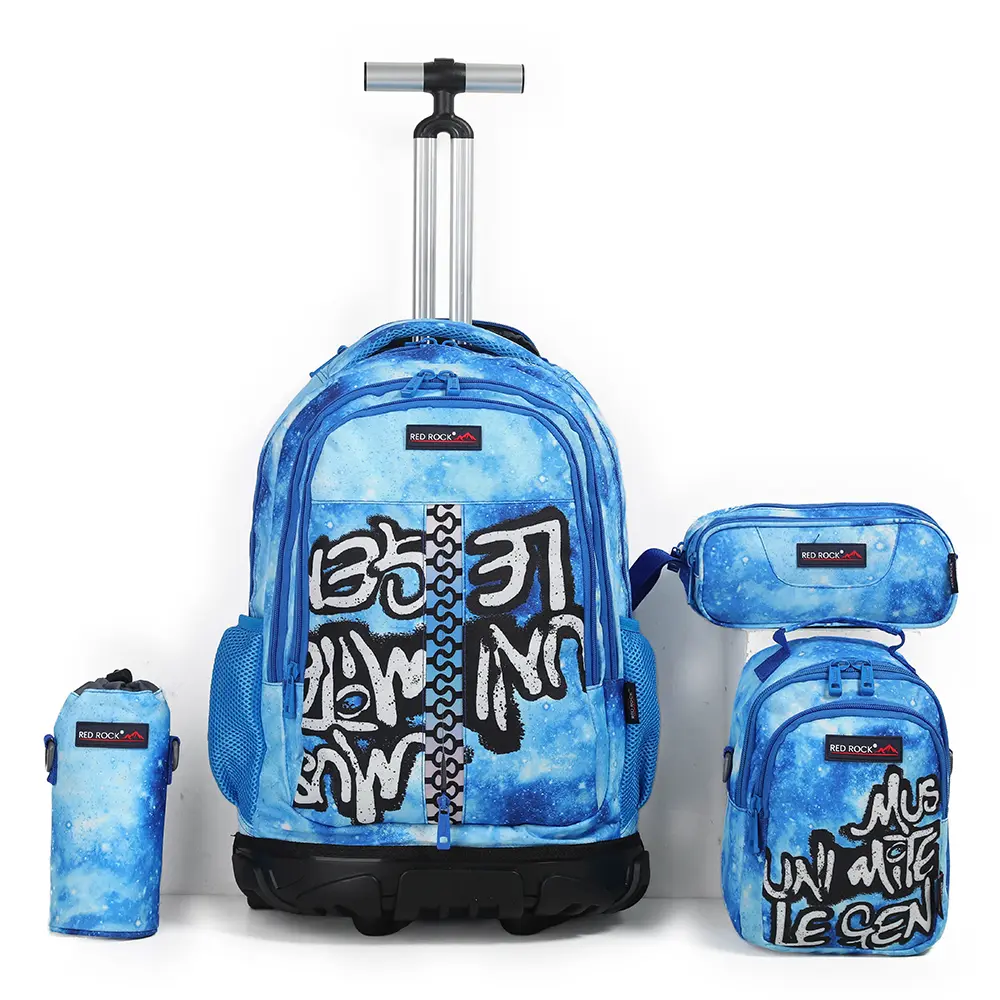 Red rock 4299 blue & white 4 zippers 4pcs trolley backpack set