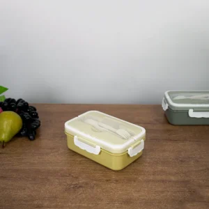 Stainless 2 sections yellow rectangular lunch box with spoon & fork