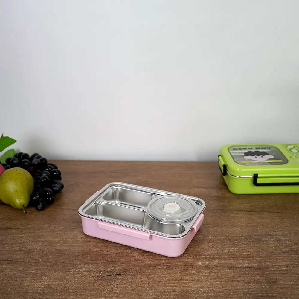 Stainless 3 sections city girl design pink lunch box1