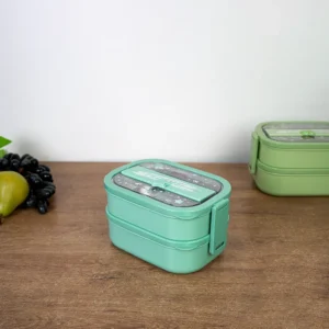 Stainless airtight double layer blue lunch box with spoon & chopsticks