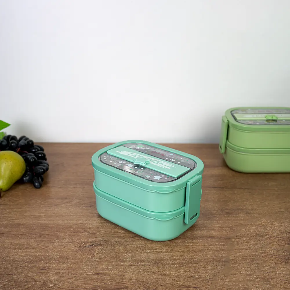 Stainless airtight double layer blue lunch box with spoon & chopsticks
