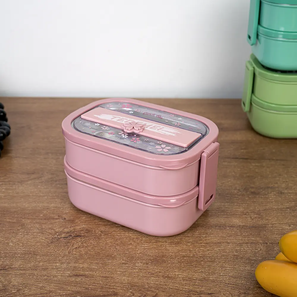 Stainless airtight double layer pink lunch box with spoon & chopsticks