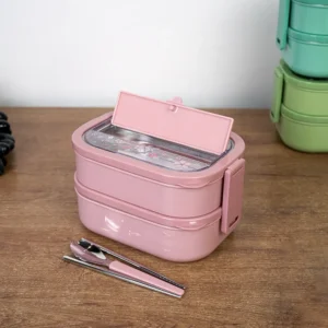 Stainless airtight double layer pink lunch box with spoon & chopsticks1