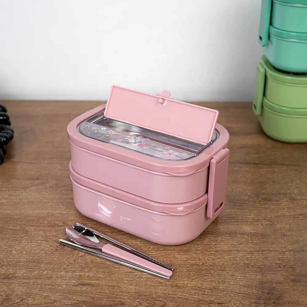 Stainless airtight double layer pink lunch box with spoon & chopsticks1