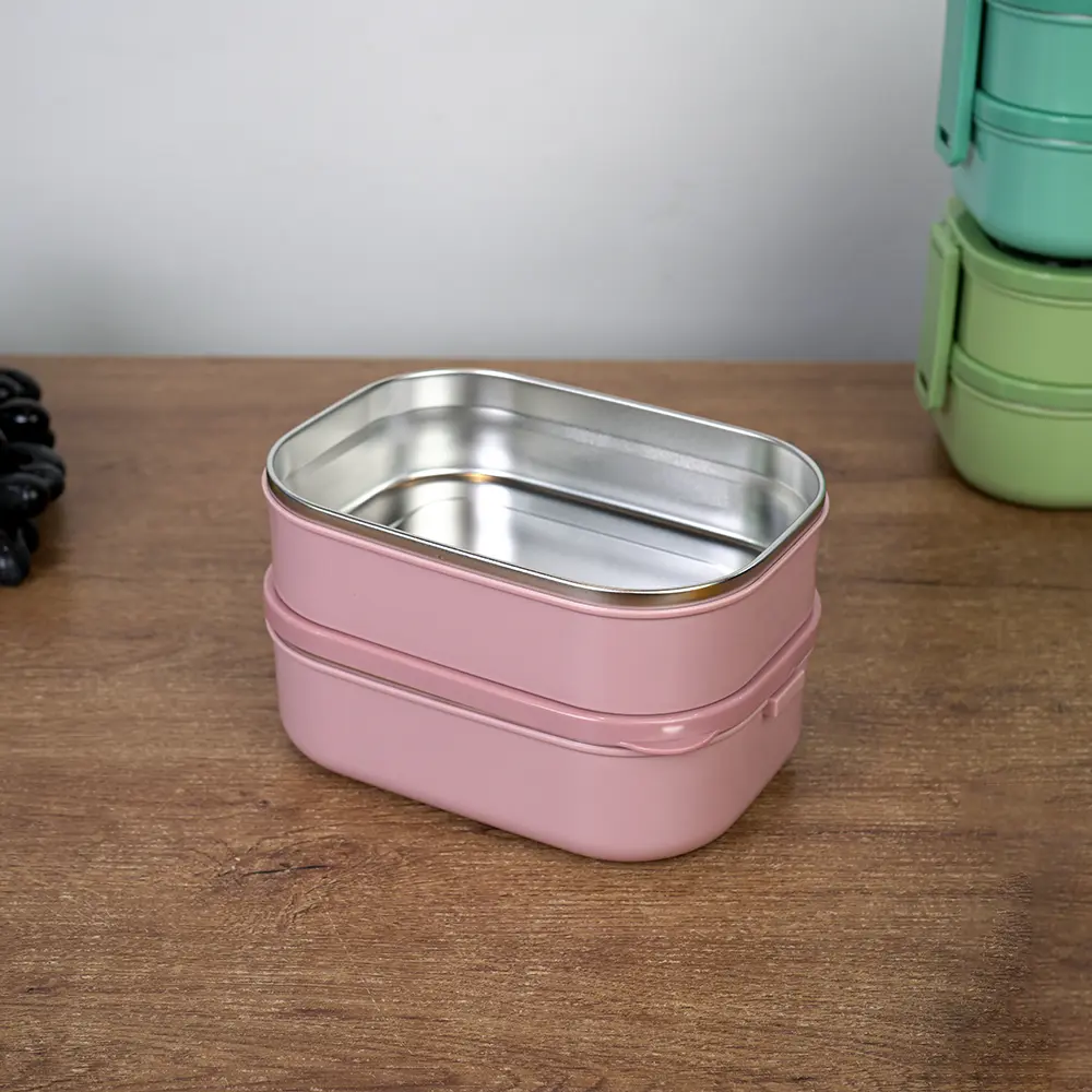 Stainless airtight double layer pink lunch box with spoon & chopsticks2