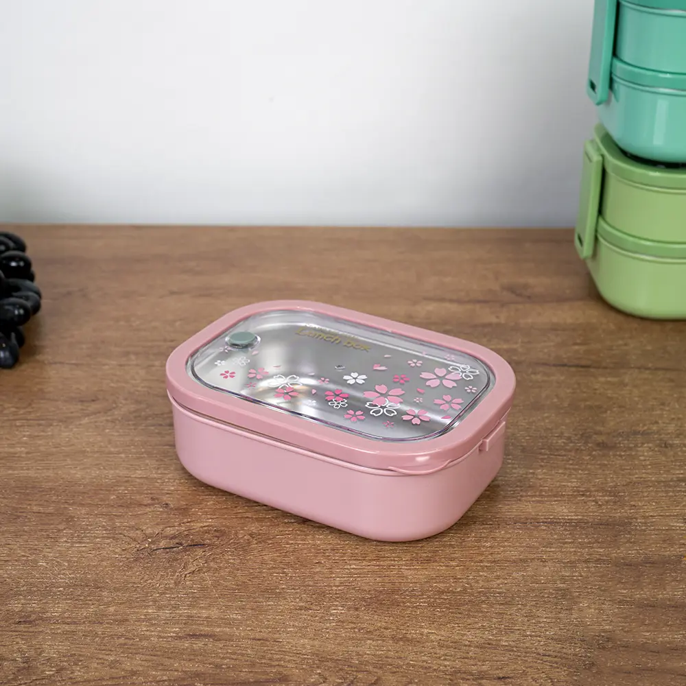 Stainless airtight double layer pink lunch box with spoon & chopsticks4