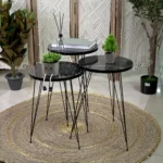 Turkish wooden 3pcs circular marbled black tables set with iron legs