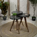 Turkish wooden 3pcs circular marbled black tables set with wooden legs