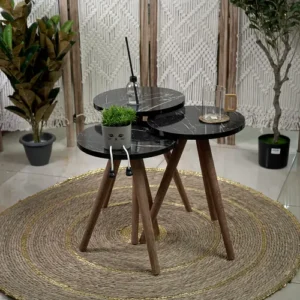 Turkish wooden 3pcs circular marbled black tables set with wooden legs