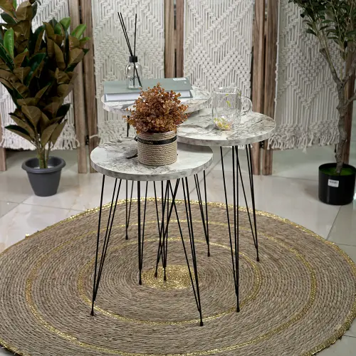 Turkish wooden 3pcs circular marbled white tables set with iron legs