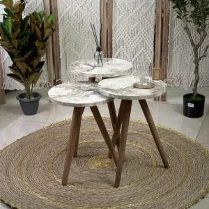 Turkish wooden 3pcs circular marbled white tables set with wooden legs