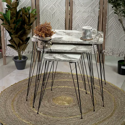 Turkish wooden 3pcs rectangular marbled white tables set with iron legs