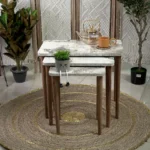 Turkish wooden 3pcs rectangular marbled white tables set with wooden legs