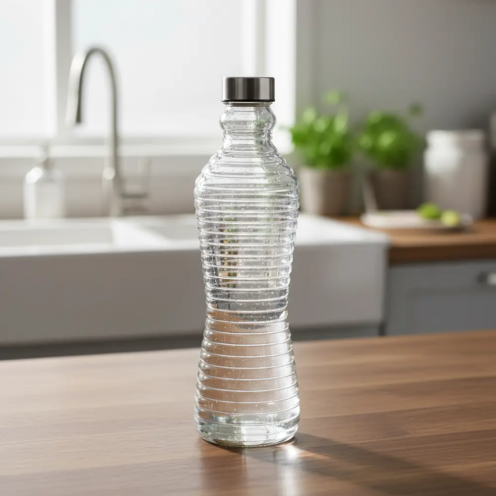 Danny home 1l glass wave design bottle with stainless lid1