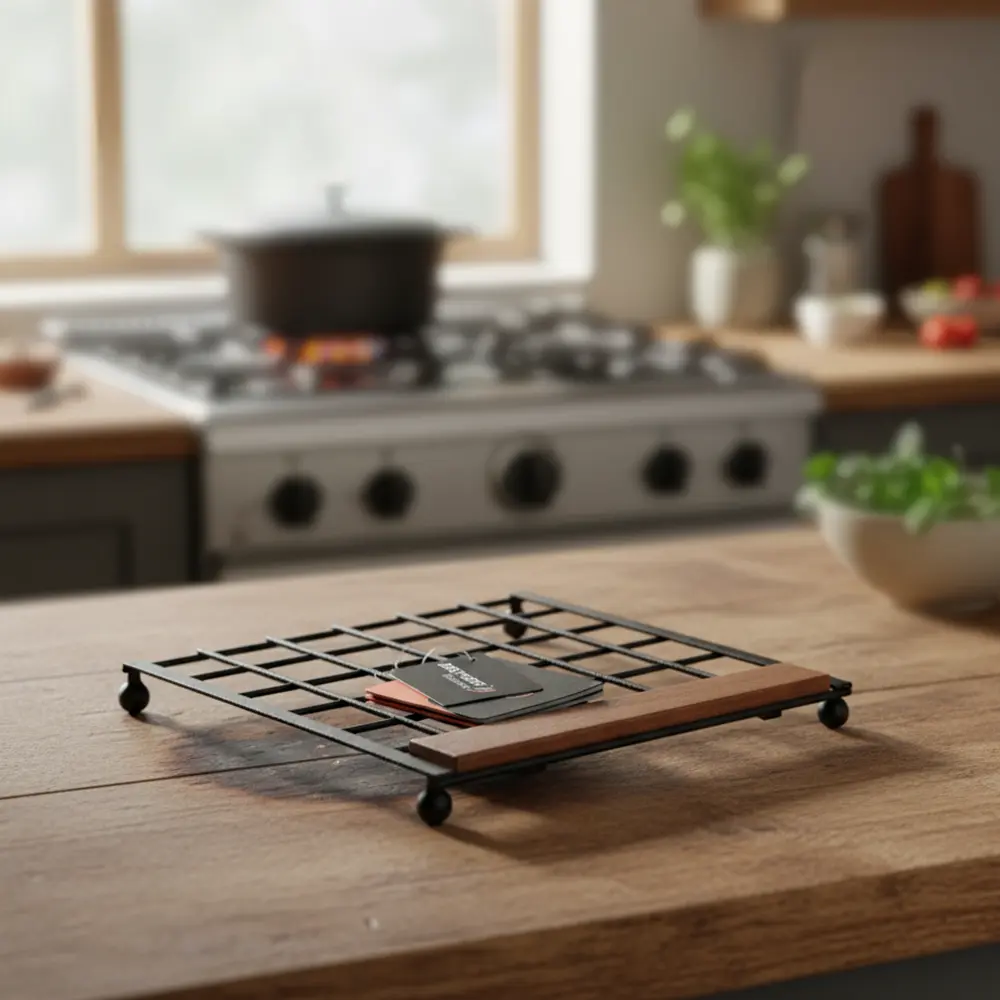 Dosthoff black iron grid trivet with bamboo1