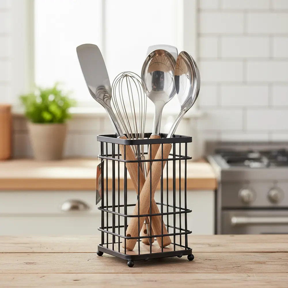 Dosthoff iron grid cutlery holder with bamboo base1