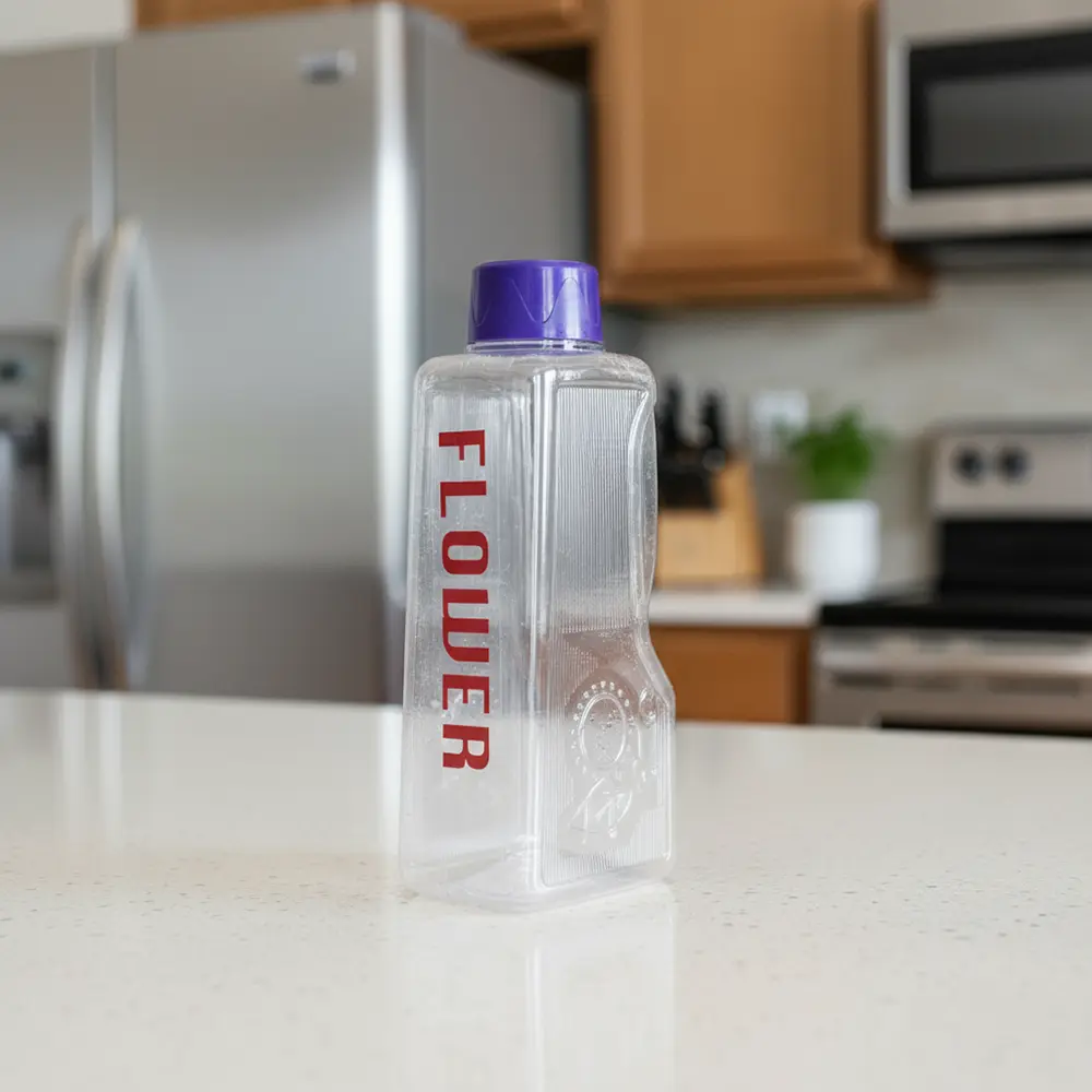 Flower plastic water bottle with purple lid1