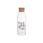 Glass cool labubu design water bottle with wooden lid