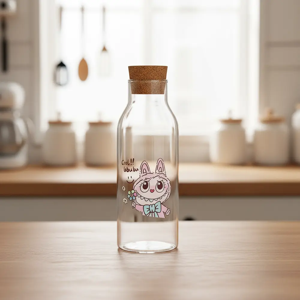 Glass cool labubu design water bottle with wooden lid1