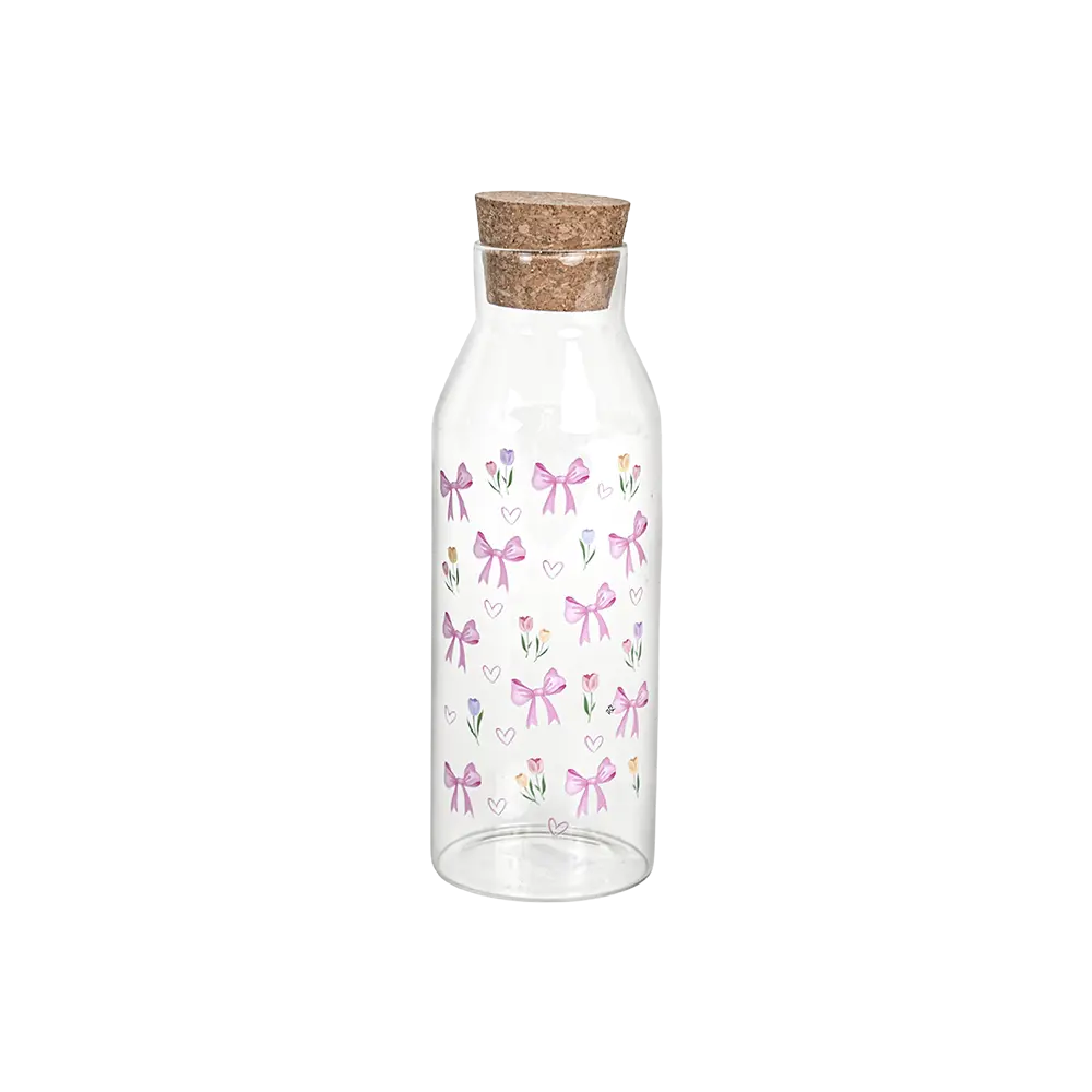 Glass-Floral-Design-Water-Bottle-with-Wooden-Lid Glass floral design water bottle with wooden lid
