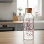 Glass-Floral-Design-Water-Bottle-with-Wooden-Lid1 Glass floral design water bottle with wooden lid1