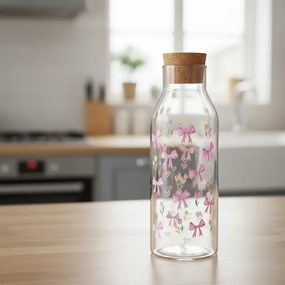 Glass-Floral-Design-Water-Bottle-with-Wooden-Lid1 Glass floral design water bottle with wooden lid1