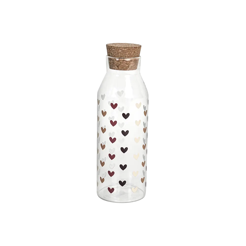 Glass hearts design water bottle with wooden lid