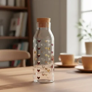 Glass hearts design water bottle with wooden lid1