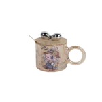 Glass labubu design mug with wooden lid & spoon 1