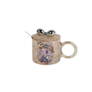 Glass labubu design mug with wooden lid & spoon 1