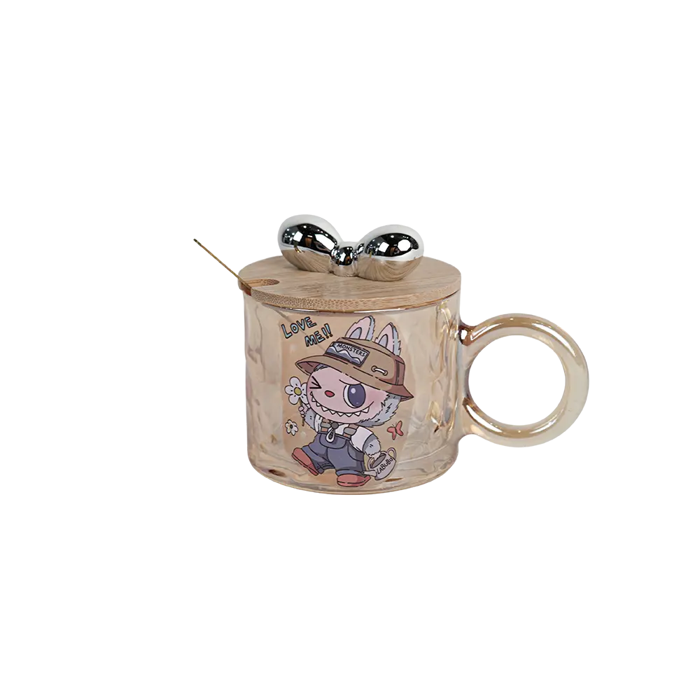 Glass labubu design mug with wooden lid & spoon 1