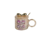 Glass labubu design mug with wooden lid & spoon