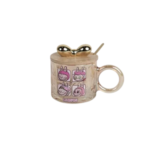 Glass labubu design mug with wooden lid & spoon