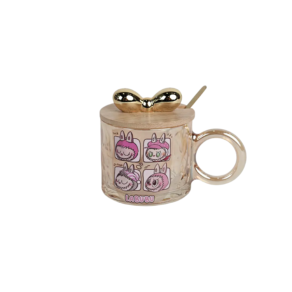 Glass labubu design mug with wooden lid & spoon