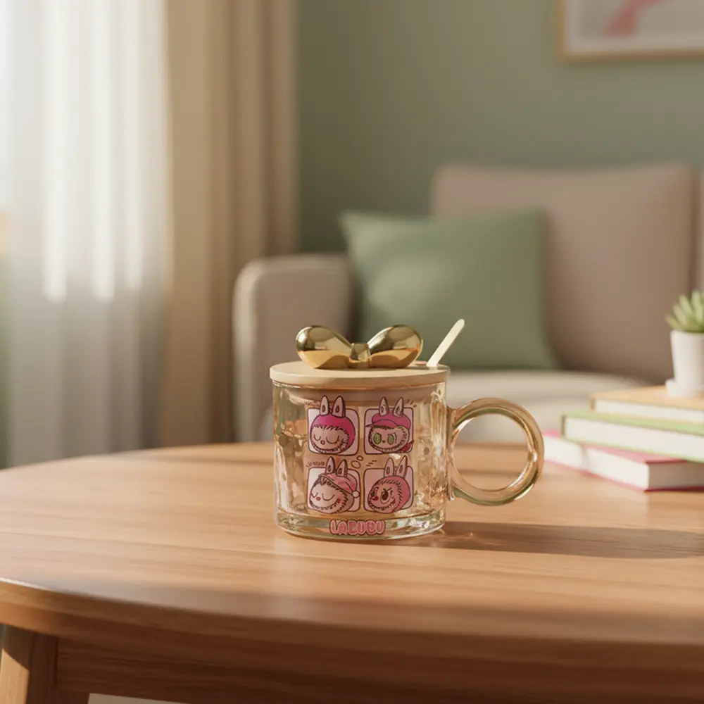Glass labubu design mug with wooden lid & spoon1