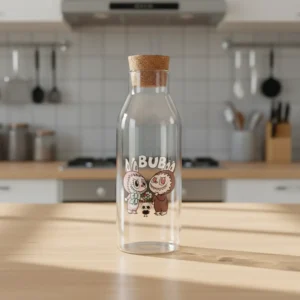 Glass labubu design water bottle with wooden lid1