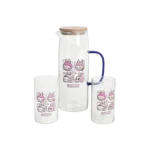 Glass transparent 3pcs labubu design jug with two cups