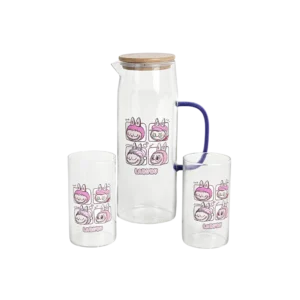 Glass transparent 3pcs labubu design jug with two cups